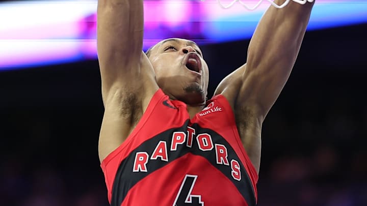 Mar 30, 2025; Philadelphia, Pennsylvania, USA; Toronto Raptors forward Scottie Barnes (4) dunks the ball against the Philadelphia 76ers during the third quarter at Wells Fargo Center. Mandatory Credit: Bill Streicher-Imagn Images Mar 30, 2025; Philadelphia, Pennsylvania, USA; Toronto Raptors forward Scottie Barnes (4) dunks the ball against the Philadelphia 76ers during the third quarter at Wells Fargo Center. Mandatory Credit: Bill Streicher-Imagn Images