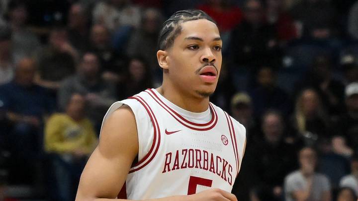 Mar 15, 2026; Nashville, TN, USA; Arkansas Razorbacks guard Darius Acuff Jr. (5) brings the ball up court against the Vanderbilt Commodores during the men's SEC Conference Tournament Championship at Bridgestone Arena. Mandatory Credit: Steve Roberts-Imagn Images