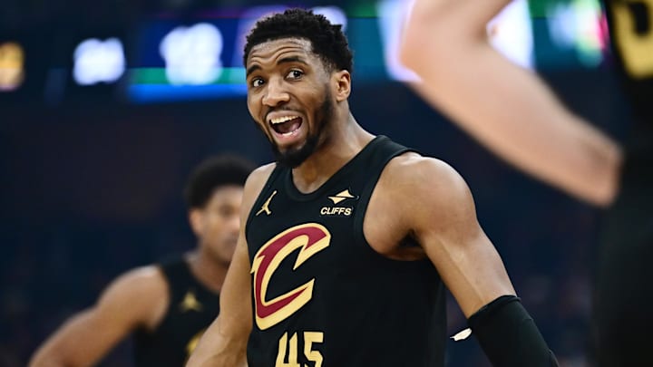May 13, 2025; Cleveland, Ohio, USA; Cleveland Cavaliers guard Donovan Mitchell (45) reacts during the first half against the Indiana Pacers in game five of the second round for the 2025 NBA Playoffs at Rocket Arena. Mandatory Credit: Ken Blaze-Imagn Images May 13, 2025; Cleveland, Ohio, USA; Cleveland Cavaliers guard Donovan Mitchell (45) reacts during the first half against the Indiana Pacers in game five of the second round for the 2025 NBA Playoffs at Rocket Arena. Mandatory Credit: Ken Blaze-Imagn Images