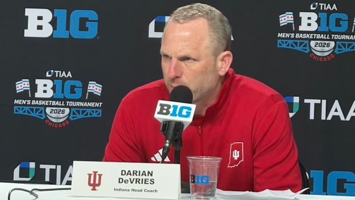 Indiana basketball coach Darian DeVries speaks to reporters March 11, 2026, after losing to Northwestern in the Big Ten Tournament at the United Center in Chicago.