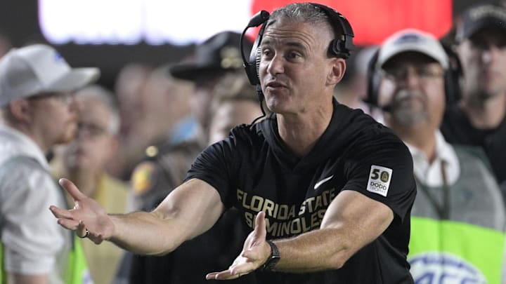 Oct 4, 2025; Tallahassee, Florida, USA; Florida State Seminoles head coach Mike Norvell during the first half against the Miami Hurricanes at Doak S. Campbell Stadium. Mandatory Credit: Melina Myers-Imagn Images