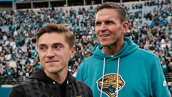 Jan 4, 2026; Jacksonville, Florida, USA; Jacksonville Jaguars executive vice president of football operations Tony Boselli and general manager James Gladstone look on after the game against the Tennessee Titans at EverBank Stadium.
