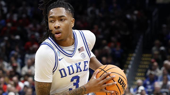 Mar 27, 2026; Washington, DC, USA; Duke Blue Devils guard Isaiah Evans (3) dribbles the ball against the St. John's Red Storm in the first half during a Sweet Sixteen game of the East Regional of the men's 2026 NCAA Tournament at Capital One Arena. Mandatory Credit: Amber Searls-Imagn Images Mar 27, 2026; Washington, DC, USA; Duke Blue Devils guard Isaiah Evans (3) dribbles the ball against the St. John's Red Storm in the first half during a Sweet Sixteen game of the East Regional of the men's 2026 NCAA Tournament at Capital One Arena. Mandatory Credit: Amber Searls-Imagn Images