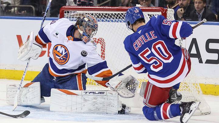 Oct 6, 2026; New York, New York, USA; New York Islanders goaltender Semyon Varlamov (40) makes a save on a shot on goal attempt from New York Rangers left wing Will Cuylle (50) in the first period at Madison Square Garden. Mandatory Credit: Wendell Cruz-Imagn Images Oct 6, 2026; New York, New York, USA; New York Islanders goaltender Semyon Varlamov (40) makes a save on a shot on goal attempt from New York Rangers left wing Will Cuylle (50) in the first period at Madison Square Garden. Mandatory Credit: Wendell Cruz-Imagn Images