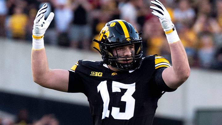 Iowa Hawkeyes defensive end Drew Campbell (13) motions for the crowd to cheer louder during the Cy-Hawk football game against Iowa State Sept. 12, 2026 at Kinnick Stadium in Iowa City, Iowa. Iowa Hawkeyes defensive end Drew Campbell (13) motions for the crowd to cheer louder during the Cy-Hawk football game against Iowa State Sept. 12, 2026 at Kinnick Stadium in Iowa City, Iowa.