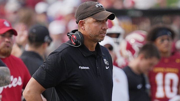 Iowa State Cyclones head coach Matt Campbell watches from the sideline against South Dakota during the third quarter in the home game opening at Jack Trice Stadium on August 30, 2025, in Ames, Iowa