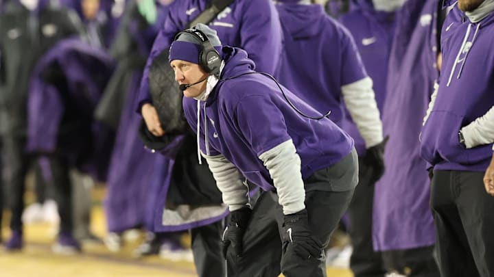 Nov 30, 2024; Ames, Iowa, USA; Kansas State Wildcats head coach Chris Klieman watches his team play the Iowa State Cyclones in the first quarter at at Jack Trice Stadium. Mandatory Credit: Reese Strickland-Imagn Images