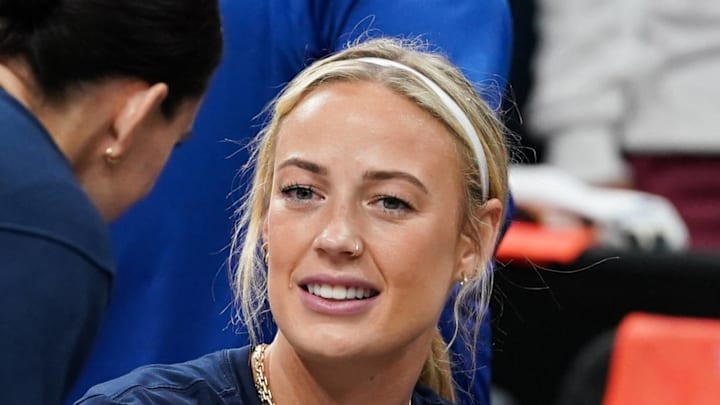 Indiana Fever guard Sophie Cunningham (8) on the sidelines on July 15, 2025.