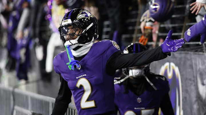 Jan 11, 2025; Baltimore, Maryland, USA; Baltimore Ravens cornerback Nate Wiggins (2) greets fans before warm up in an AFC wild card game against the Pittsburgh Steelers at M&T Bank Stadium. Mandatory Credit: Geoff Burke-Imagn Images Jan 11, 2025; Baltimore, Maryland, USA; Baltimore Ravens cornerback Nate Wiggins (2) greets fans before warm up in an AFC wild card game against the Pittsburgh Steelers at M&T Bank Stadium. Mandatory Credit: Geoff Burke-Imagn Images