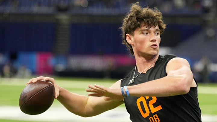 Feb 28, 2026; Indianapolis, IN, USA; Penn State quarterback Drew Allar (QB02) during the NFL Scouting Combine at Lucas Oil Stadium. Mandatory Credit: Kirby Lee-Imagn Images