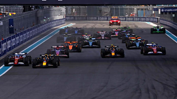May 4, 2024; Miami Gardens, Florida, USA; Red Bull Racing driver Max Verstappen (1) leads the start of the F1 Sprint Race at Miami International Autodrome. Mandatory Credit: Peter Casey-Imagn Images May 4, 2024; Miami Gardens, Florida, USA; Red Bull Racing driver Max Verstappen (1) leads the start of the F1 Sprint Race at Miami International Autodrome. Mandatory Credit: Peter Casey-Imagn Images
