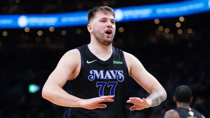 Jun 6, 2024; Boston, Massachusetts, USA; Dallas Mavericks guard Luka Doncic (77) reacts in the third quarter against the Boston Celtics during game one of the 2024 NBA Finals at TD Garden. 
