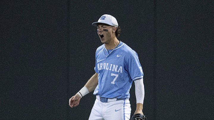 Jun 8, 2024; Chapel Hill, NC, USA; North Carolina Tar Heels Vance Honeycutt (7) reacts to making a throw from centerfield for on out against the in the West Virginia Mountaineers sixth inning of the DI Baseball Super Regional at Boshamer Stadium. Mandatory Credit: Jeffrey Camarati-Imagn Images
