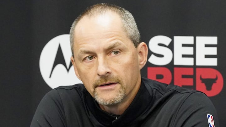 Sep 29, 2025; Chicago, IL, USA; Chicago Bulls Arturas Karnisovas, executive vice president of basketball operations talks to the press on Media Day. Mandatory Credit: David Banks-Imagn Images
