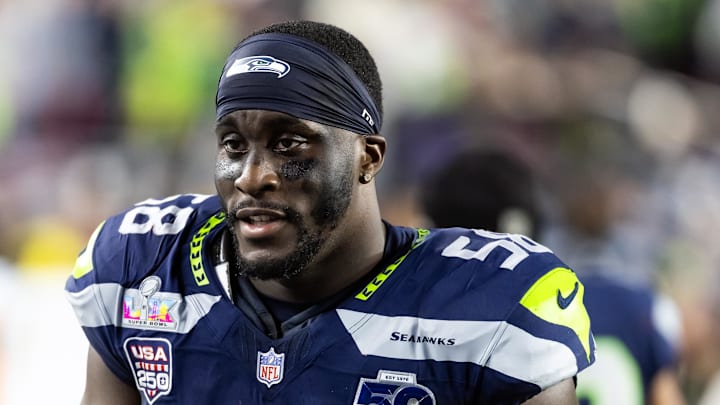 Feb 8, 2026; Santa Clara, CA, USA; Seattle Seahawks linebacker Derick Hall (58) against the New England Patriots during Super Bowl LX at Levi's Stadium. Mandatory Credit: Mark J. Rebilas-Imagn Images