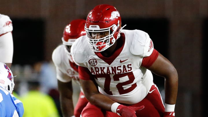 Arkansas Razorbacks offensive lineman Andrew Chamblee gets in position against the Ole Miss Rebels in October 2023 at Vaught-Hemingway Stadium in Oxford, Miss. Arkansas Razorbacks offensive lineman Andrew Chamblee gets in position against the Ole Miss Rebels in October 2023 at Vaught-Hemingway Stadium in Oxford, Miss.