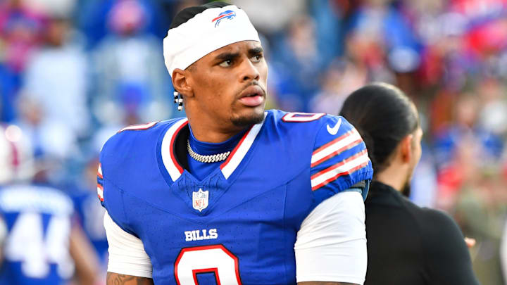 Nov 2, 2025; Orchard Park, New York, USA; Buffalo Bills wide receiver Keon Coleman (0) warms up before the game against the Kansas City Chiefs at Highmark Stadium. Nov 2, 2025; Orchard Park, New York, USA; Buffalo Bills wide receiver Keon Coleman (0) warms up before the game against the Kansas City Chiefs at Highmark Stadium.