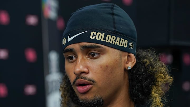 Jul 9, 2025; Frisco, TX, USA; Colorado quarterback Julian Lewis speaks with the media during 2025 Big 12 Football Media Days at The Star. 