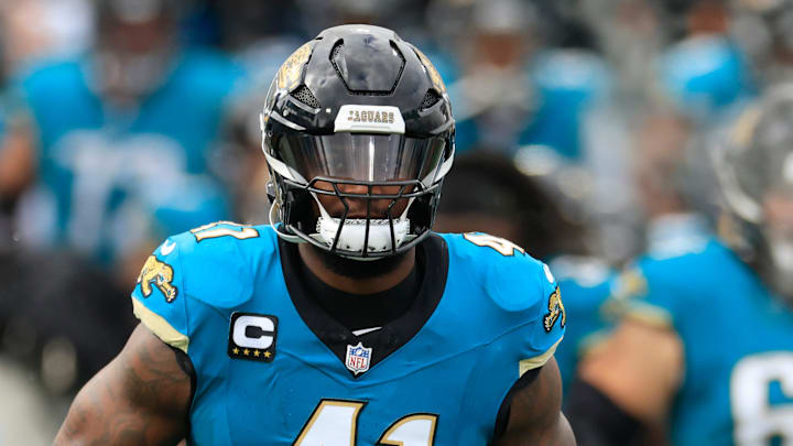 Jacksonville Jaguars defensive end Josh Hines-Allen (41) runs on the field before an NFL football matchup Sunday, Dec. 15, 2024 at EverBank Stadium in Jacksonville, Fla. [Corey Perrine/Florida Times-Union]