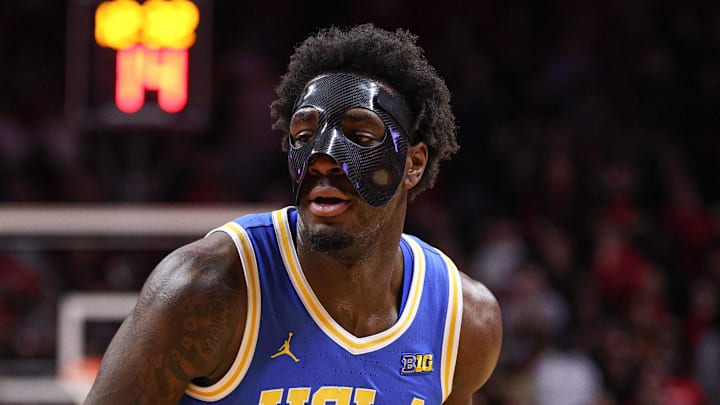 Jan 13, 2025; Piscataway, New Jersey, USA; UCLA Bruins guard Eric Dailey Jr. (3) dribbles during the first half against the Rutgers Scarlet Knights at Jersey Mike's Arena. Mandatory Credit: Vincent Carchietta-Imagn Images