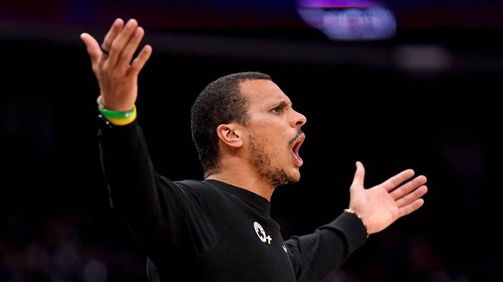 Mar 24, 2025; Sacramento, California, USA; Boston Celtics head coach Joe Mazzulla reacts after the Celtics were called for a technical foul against the Sacramento Kings in the fourth quarter at the Golden 1 Center. Mandatory Credit: Cary Edmondson-Imagn Images