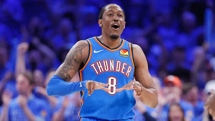 May 18, 2026; Oklahoma City, Oklahoma, USA; Oklahoma City Thunder forward Jalen Williams (8) reacts to a shot by forward Luguentz Dort (5) in the third quarter against San Antonio Spurs during game one of the western conference finals for the 2026 NBA playoffs at Paycom Center. Mandatory Credit: Alonzo Adams-Imagn Images May 18, 2026; Oklahoma City, Oklahoma, USA; Oklahoma City Thunder forward Jalen Williams (8) reacts to a shot by forward Luguentz Dort (5) in the third quarter against San Antonio Spurs during game one of the western conference finals for the 2026 NBA playoffs at Paycom Center. Mandatory Credit: Alonzo Adams-Imagn Images