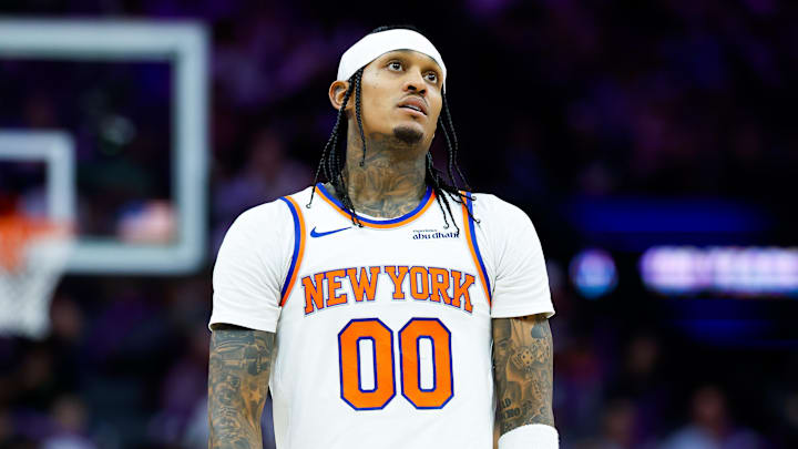 Jan 14, 2026; Sacramento, California, USA; New York Knicks guard Jordan Clarkson (00) looks on during the third quarter against the Sacramento Kings at Golden 1 Center. Mandatory Credit: Sergio Estrada-Imagn Images