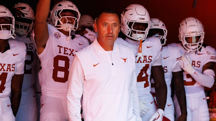 Texas Longhorns head coach Steve Sarkisian leads the team out of the tunnel before a game against the Florida Gators at Ben Hill Griffin Stadium. Texas Longhorns head coach Steve Sarkisian leads the team out of the tunnel before a game against the Florida Gators at Ben Hill Griffin Stadium.