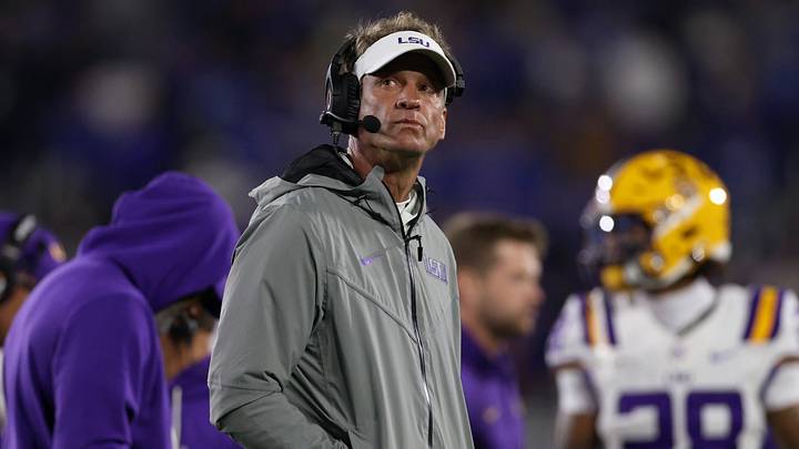 LSU Tigers head coach Lane Kiffin looks on during the second quarter against the Kentucky Wildcats at Kroger Field. LSU Tigers head coach Lane Kiffin looks on during the second quarter against the Kentucky Wildcats at Kroger Field.