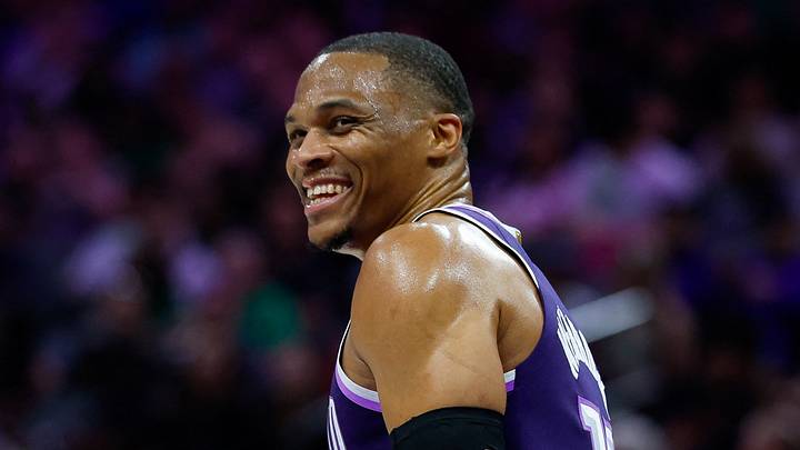 Sacramento Kings guard Russell Westbrook (18) reacts after becoming the fifth leading assist leader during the second quarter against the San Antonio Spurs at Golden 1 Center on March 17, 2026.