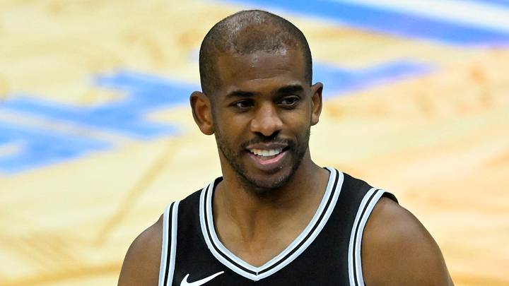 Mar 27, 2025; Cleveland, Ohio, USA; San Antonio Spurs guard Chris Paul (3) reacts after a play in the fourth quarter against the Cleveland Cavaliers at Rocket Arena. Mandatory Credit: David Richard-Imagn Images
