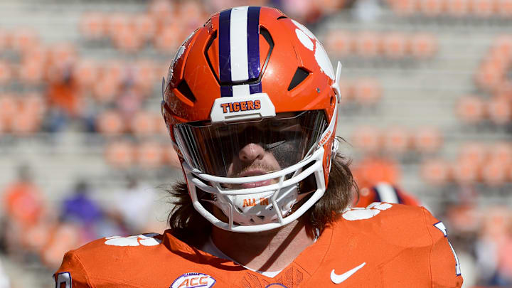 Oct 19, 2024; Clemson, South Carolina, USA; Clemson Tigers offensive lineman Blake Miller (78) looks on during warm ups prior to the game against the Virginia Cavaliers at Memorial Stadium. Mandatory Credit: Alexander Hicks-Imagn Images