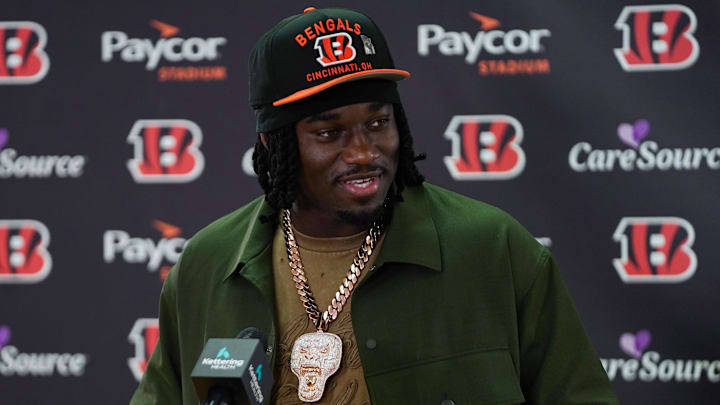 Cincinnati Bengals first-round draft pick Shemar Stewart speaks during a press conference, Friday, April 25, 2025, at Paycor Stadium in Downtown Cincinnati.