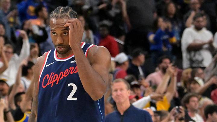 Apr 15, 2026; Inglewood, California, USA; Los Angeles Clippers forward Kawhi Leonard (2) leaves the court after being defeated by the Golden State Warriors during the play-in rounds of the 2026 NBA Playoffs at Intuit Dome. Mandatory Credit: Jayne Kamin-Oncea-Imagn Images