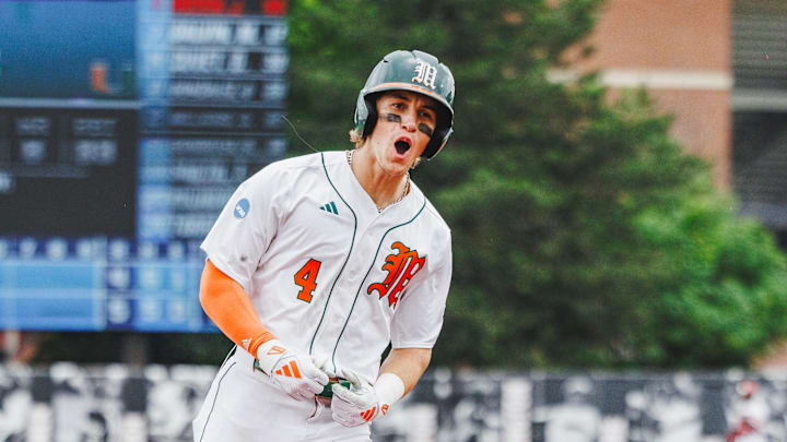 Miami Hurricanes Shortstop Jake Ogden (4) after hitting a homerun.