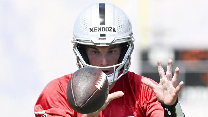 May 2, 2026; Henderson, NV, USA;  Las Vegas Raiders quarterback Fernando Mendoza (15) runs through a drill during a Rookie Minicamp at Intermountain Health Performance Center. Mandatory Credit: Candice Ward-Imagn Images
