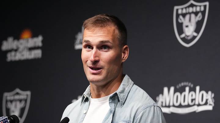 Las Vegas Raiders quarterback Kirk Cousins, No. 8. speaks with media.