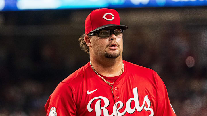 Aug 23, 2025; Phoenix, Arizona, USA; Cincinnati Reds pitcher Zach Maxwell (78) reacts after his debut performance in the fifth inning against the Arizona Diamondbacks at Chase Field. Mandatory Credit: Allan Henry-Imagn Images