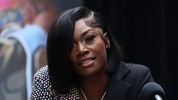 CLARESSA SHIELDS reacts to comments during the final press conference on May 31, 2023. CLARESSA SHIELDS reacts to comments during the final press conference on May 31, 2023.