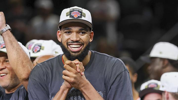Jun 13, 2026; San Antonio, Texas, USA; New York Knicks center Karl-Anthony Towns (32) celebrates after the Knicks defeat the San Antonio Spurs during game five of the 2026 NBA Finals at Frost Bank Center. Mandatory Credit: Geoff Burke-Imagn Images