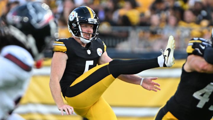 Aug 9, 2024; Pittsburgh, Pennsylvania, USA;  Pittsburgh Steelers punter Cameron Johnston (5) punts against the Houston Texans during the first quarter at Acrisure Stadium. Mandatory Credit: Barry Reeger-Imagn Images