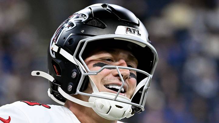 Aug 22, 2026; Indianapolis, Indiana, USA; Atlanta Falcons quarterback Jack Strand (18) celebrates after a touchdown against the Indianapolis Colts during the second half at Lucas Oil Stadium. Mandatory Credit: Robert Goddin-Imagn Images