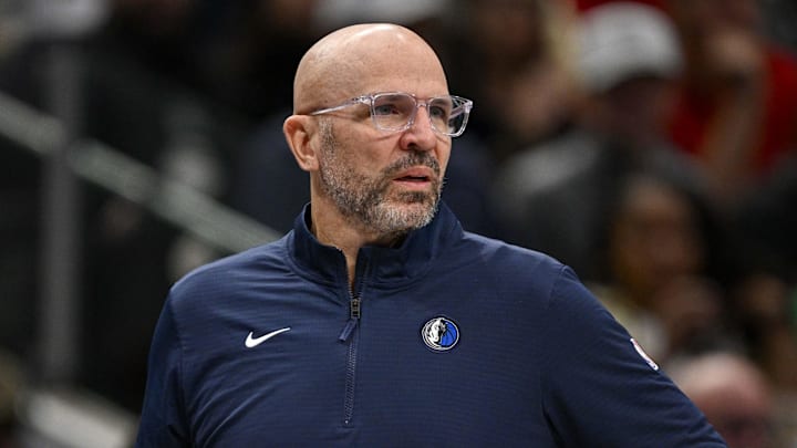 Feb 10, 2025; Dallas, Texas, USA; Dallas Mavericks head coach Jason Kidd looks on during the second half against the Sacramento Kings at the American Airlines Center. Mandatory Credit: Jerome Miron-Imagn Images