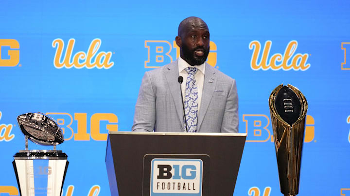 Jul 24, 2025; Las Vegas, NV, USA; UCLA head coach DeShaun Foster speaks to the media during the Big Ten NCAA college football media days at Mandalay Bay Resort. Mandatory Credit: Lucas Peltier-Imagn Images