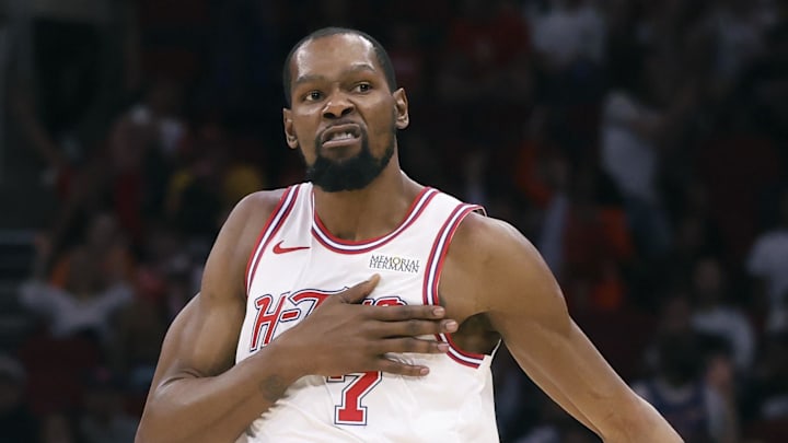 Mar 31, 2026; Houston, Texas, USA; Houston Rockets forward Kevin Durant (7) reacts after scoring a basket during the first quarter against the New York Knicks at Toyota Center. Mandatory Credit: Troy Taormina-Imagn Images