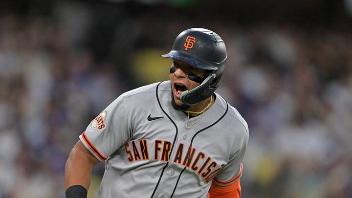 Los Angeles, California, USA;  San Francisco Giants outfielder Victor Bericoto (78) hits a two-run home run against the Los Angeles Dodgers in the during the second inning at Dodger Stadium.  Mandatory Credit: Jayne Kamin-Oncea-Imagn Images
