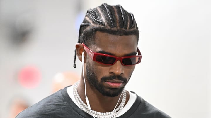 Oct 12, 2025; Pittsburgh, Pennsylvania, USA; Cleveland Browns quarterback Shedeur Sanders (12) arrives for a game against the Pittsburgh Steelers at Acrisure Stadium. Mandatory Credit: Barry Reeger-Imagn Images