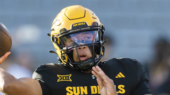 Oct 25, 2025; Tempe, Arizona, USA; Arizona State Sun Devils quarterback Cameron Dyer (13) against the Houston Cougars at Mountain America Stadium. Mandatory Credit: Mark J. Rebilas-Imagn Images
