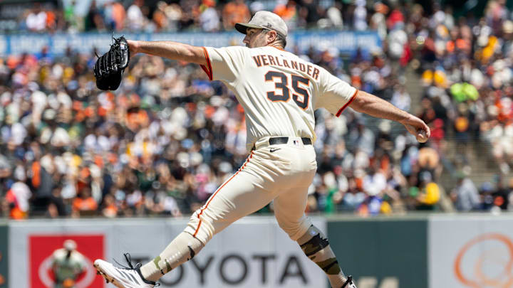 May 18, 2025; San Francisco, California, USA; San Francisco Giants pitcher Justin Verlander (35) throws a pitch first inning against the Oakland Athletics at Oracle Park. 