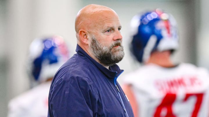 Jun 18, 2025; East Rutherford, NJ, USA; New York Giants head coach Brian Daboll looks on during minicamp at Quest Diagnostics Training Center.  